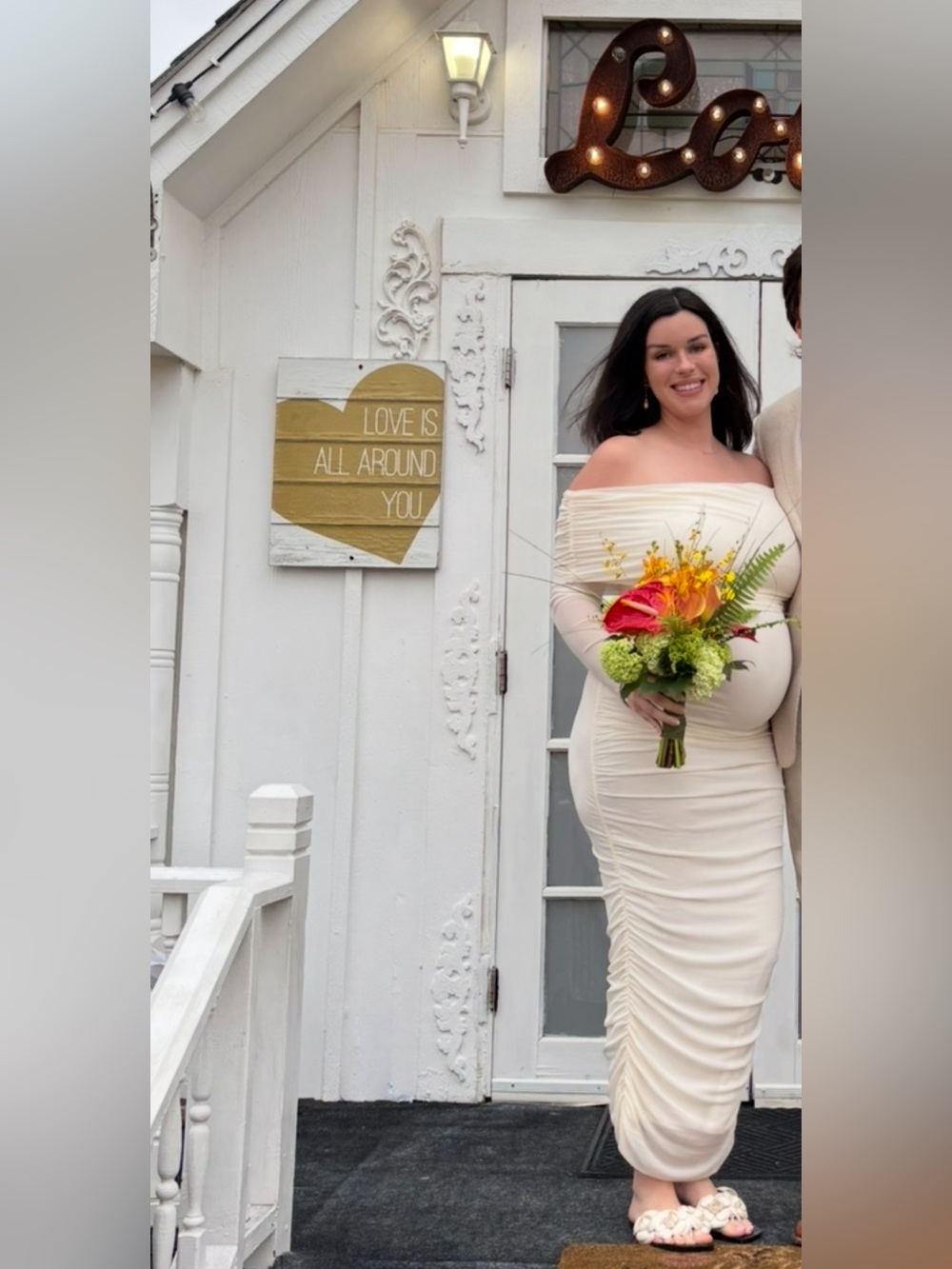 Off-Shoulder Cream Maternity Ruched Bodycon Dress BumpSuit